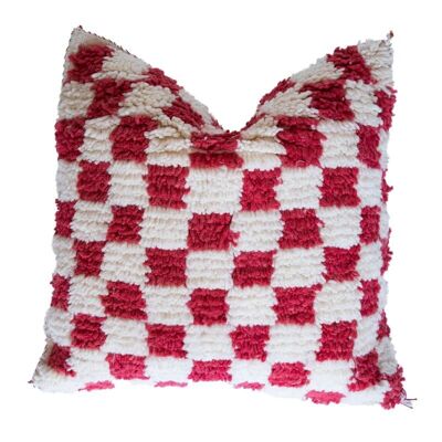 🧵 Handwoven Moroccan Wool Cushion Cover – Ivory & Red Checkered | 50x50cm