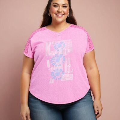 Maglietta rosa taglie forti con fantasia e pizzo (C8011)