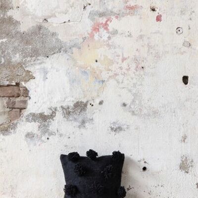 Mini Pompom Wool Cushion | Black – 30×30 cm