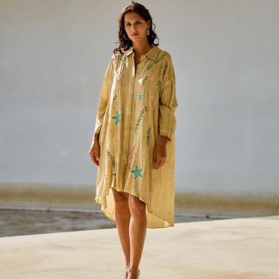 Embroidered shirt dress, V-neck, flared cut