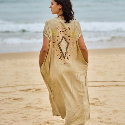 Embroidered shirt dress, V-neck, flared cut with invisible pockets