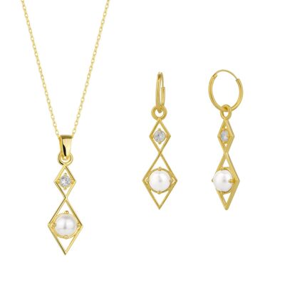 Set aus Halskette und Ohrringen mit 3D-Perlen im Rhombus-Stil aus Sterlingsilber