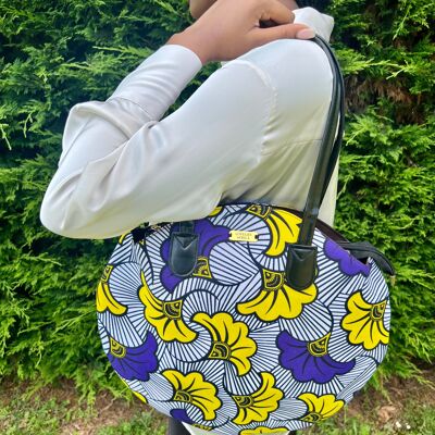 Bolso tote redondo en cera mixta morada y amarilla