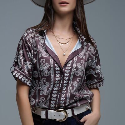 Short Sleeve Paisley Print Shirt in Brown
