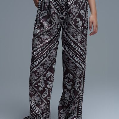 Pantaloni con stampa Paisley rilassata e coulisse regolabile in marrone
