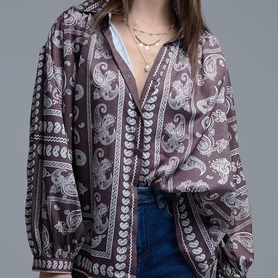Brown Paisley Shirt With Voluminous Sleeves