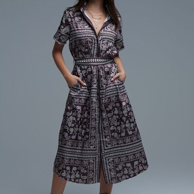 Robe chemise à manches courtes et imprimé cachemire marron