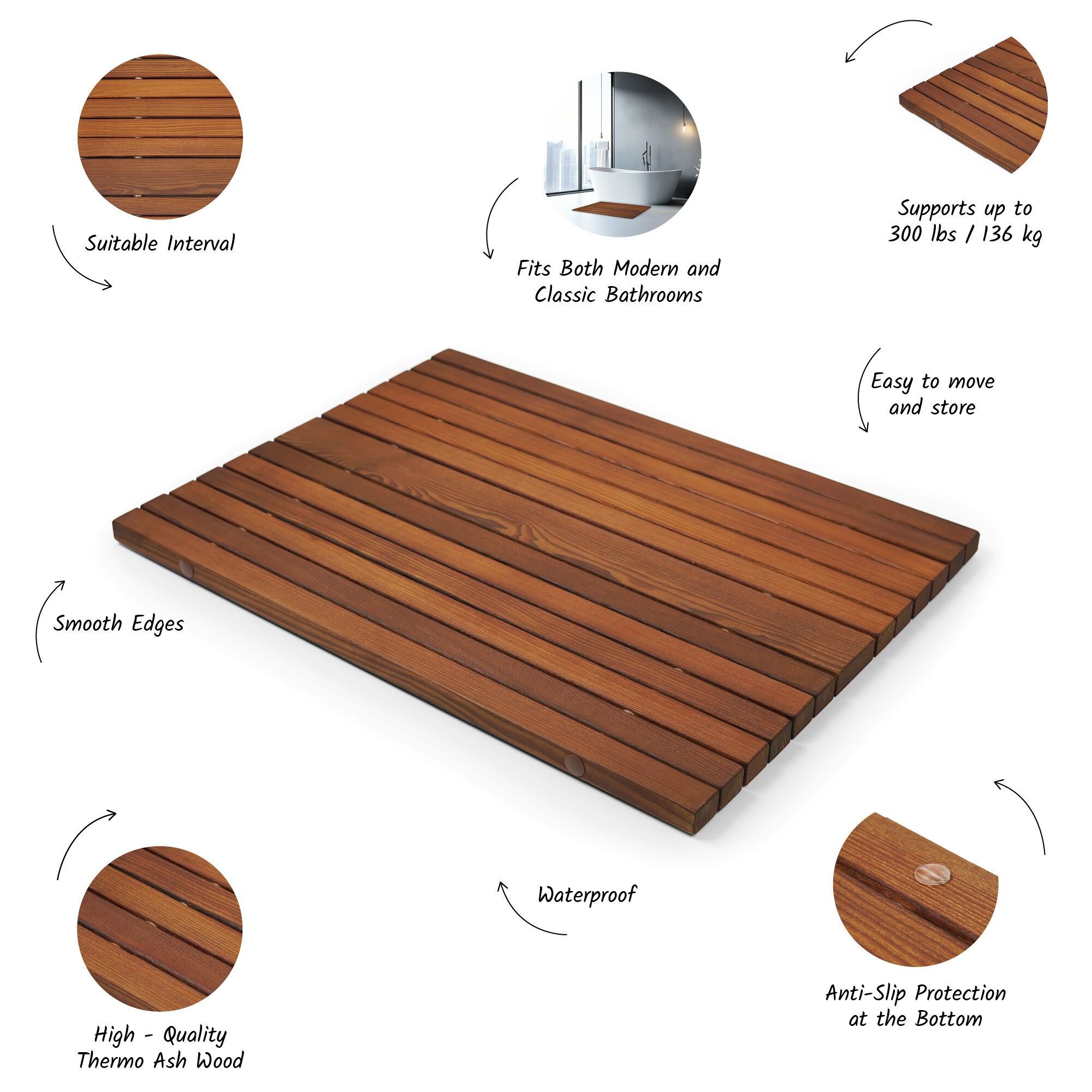 Wooden Shower Mat for Indoor and Outdoor Use, Durable Bath Mat for Bathroom, Sauna, Spa, and Poolside Areas