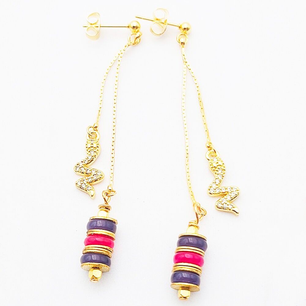 Boucle d'oreille  Deva longues chaine serpent  pierre fines et charm zircon