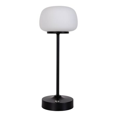 Lampe de table à LED à piles « PINA » de 30 cm de hauteur, en métal (noir) et verre (blanc), LED intégrées, blanc chaud