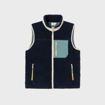 Giacca unisex in sherpa senza maniche con cerniera - Blu navy e verde