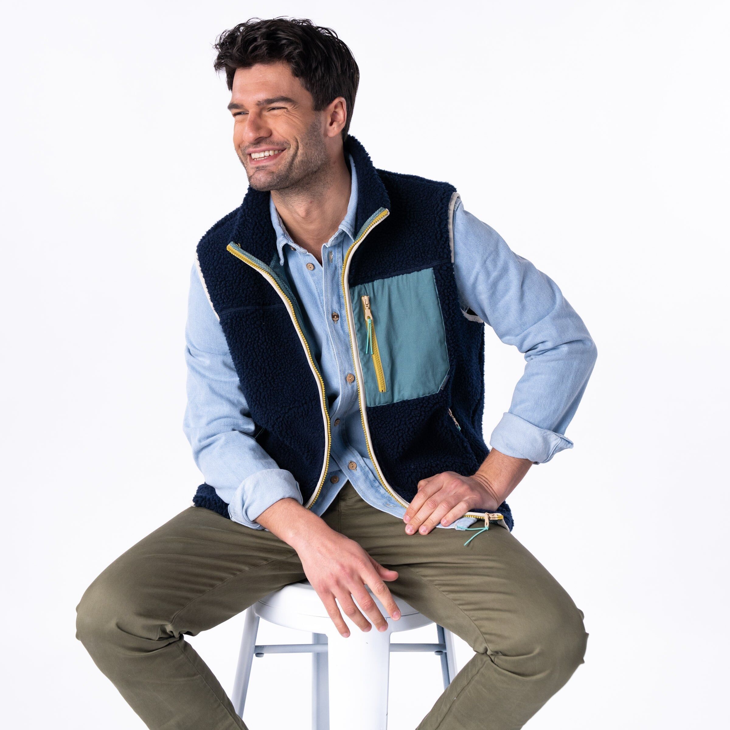 Giacca unisex in sherpa senza maniche con cerniera - Blu navy e verde