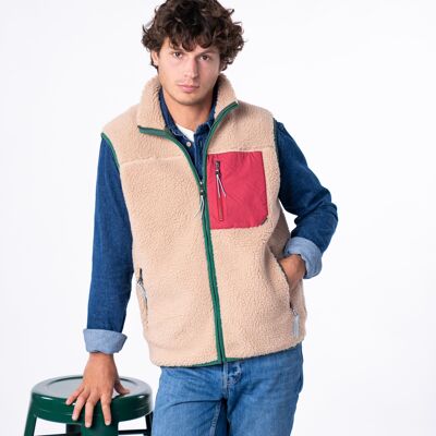Giacca senza maniche in misto sherpa con cerniera - Naturale e bordeaux