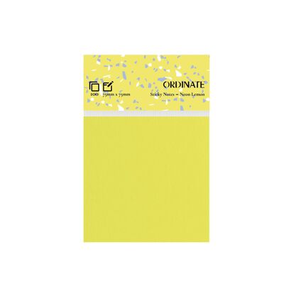 Notas adhesivas neón de limón, 75 mm x 75 mm (100 hojas por bloc) | Notas adhesivas Ordinate