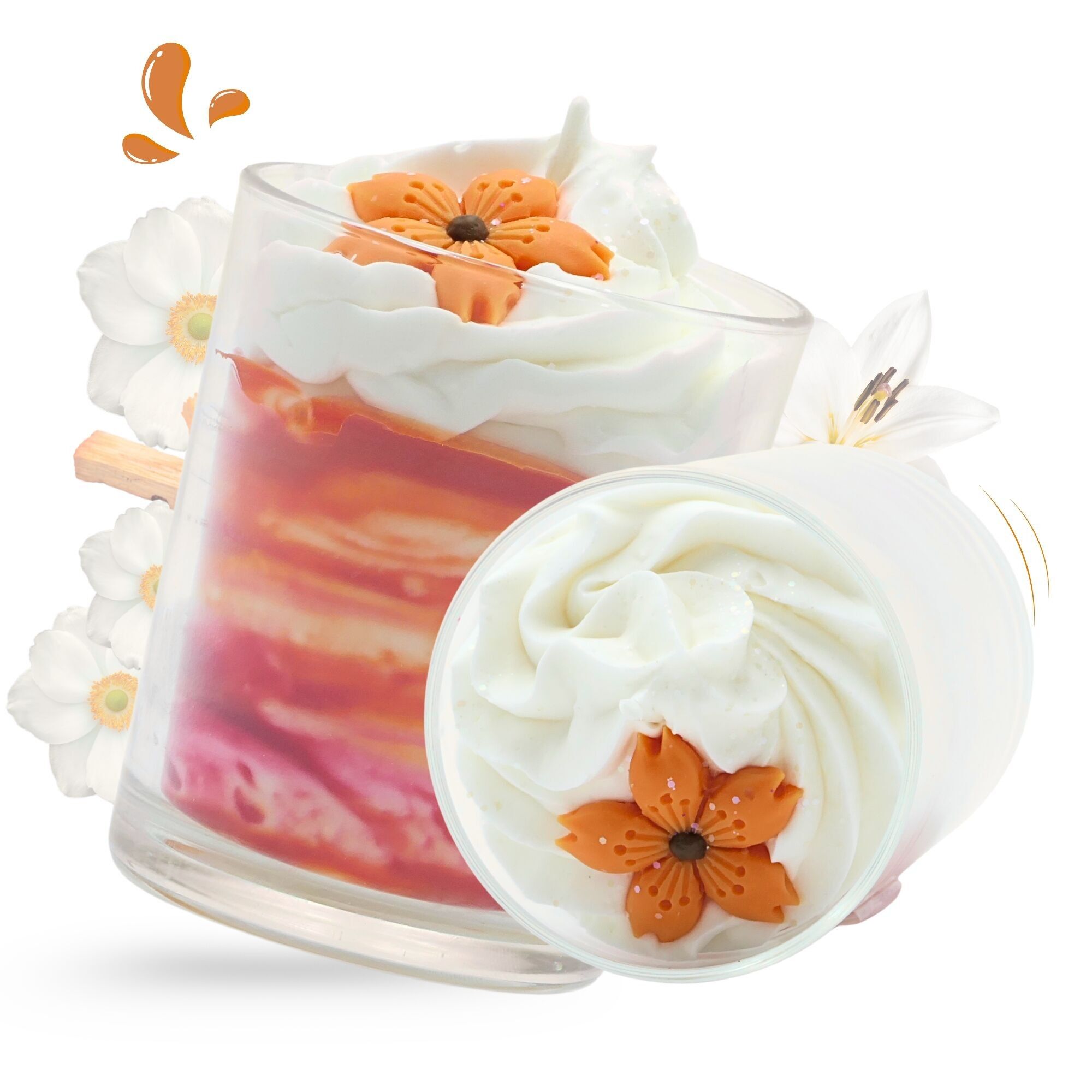 Grande candela gourmet con fiori bianchi e sandalo autunnale