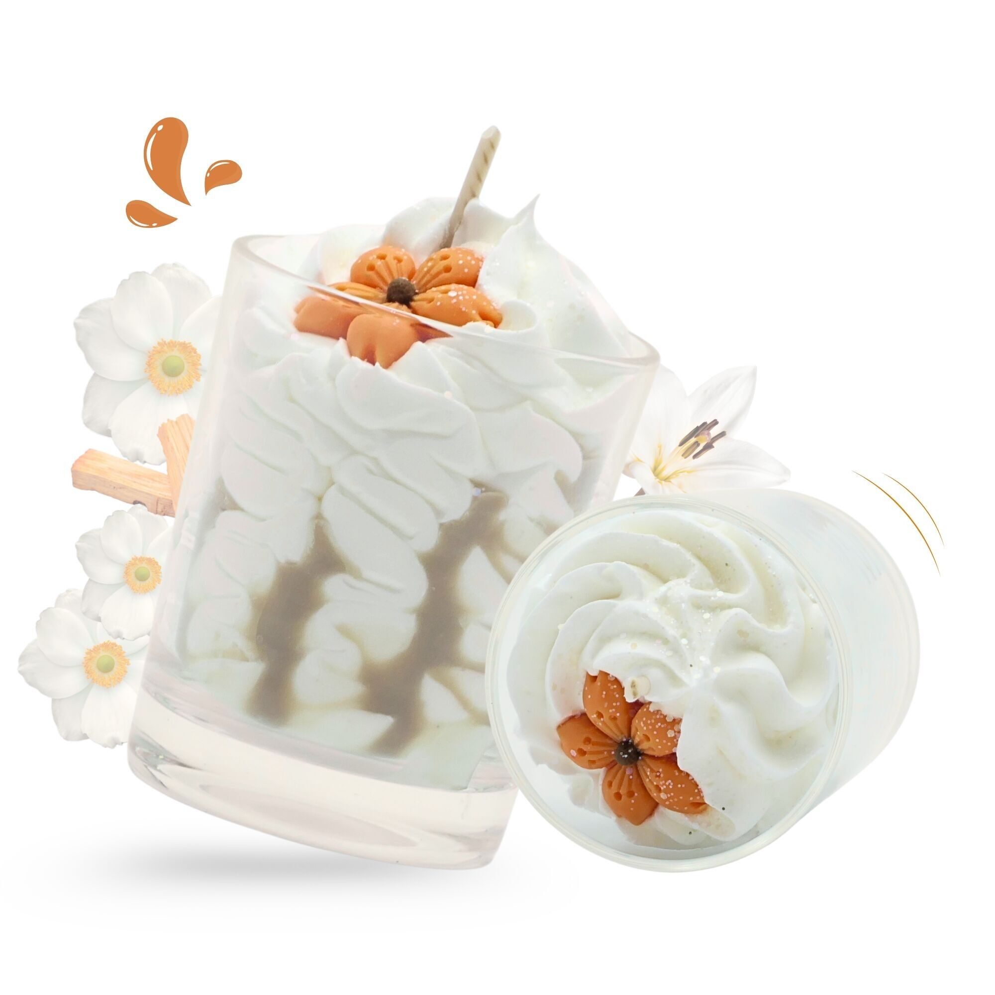 Small handmade candle with white flowers and sandalwood