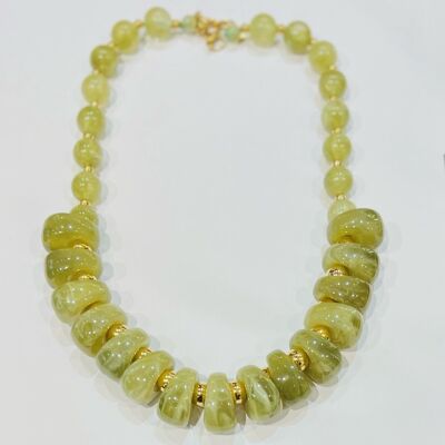 Steel necklace with flat disc beads and gold spacers