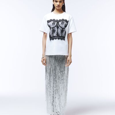 T-shirt blanc à appliqués en dentelle et corset