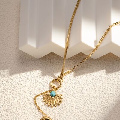 Collana in acciaio inossidabile placcato oro con ciondolo sole e luna turchesi, bohémien