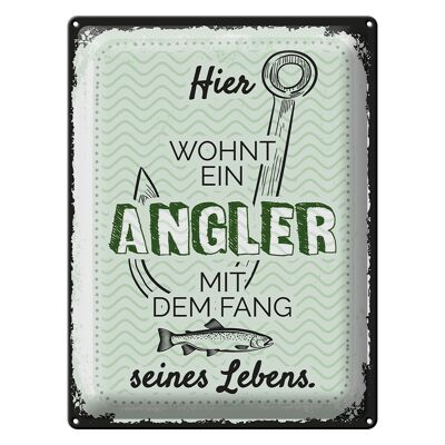 Plaque en tôle 30x40cm Ici vit un pêcheur avec la prise de sa vie