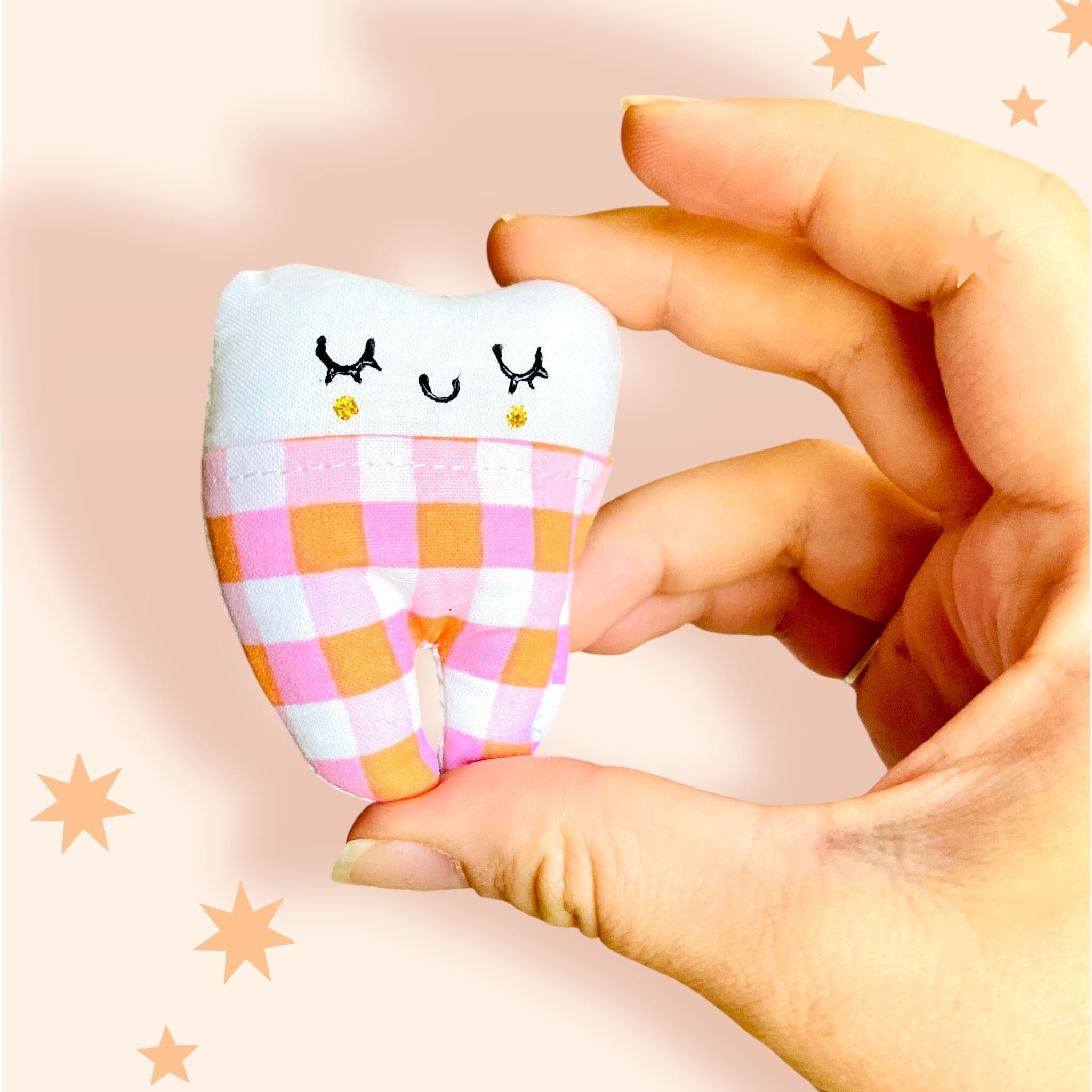Mini baby tooth box, baby tooth pouch for children's gift - Pink and orange gingham - Made in France