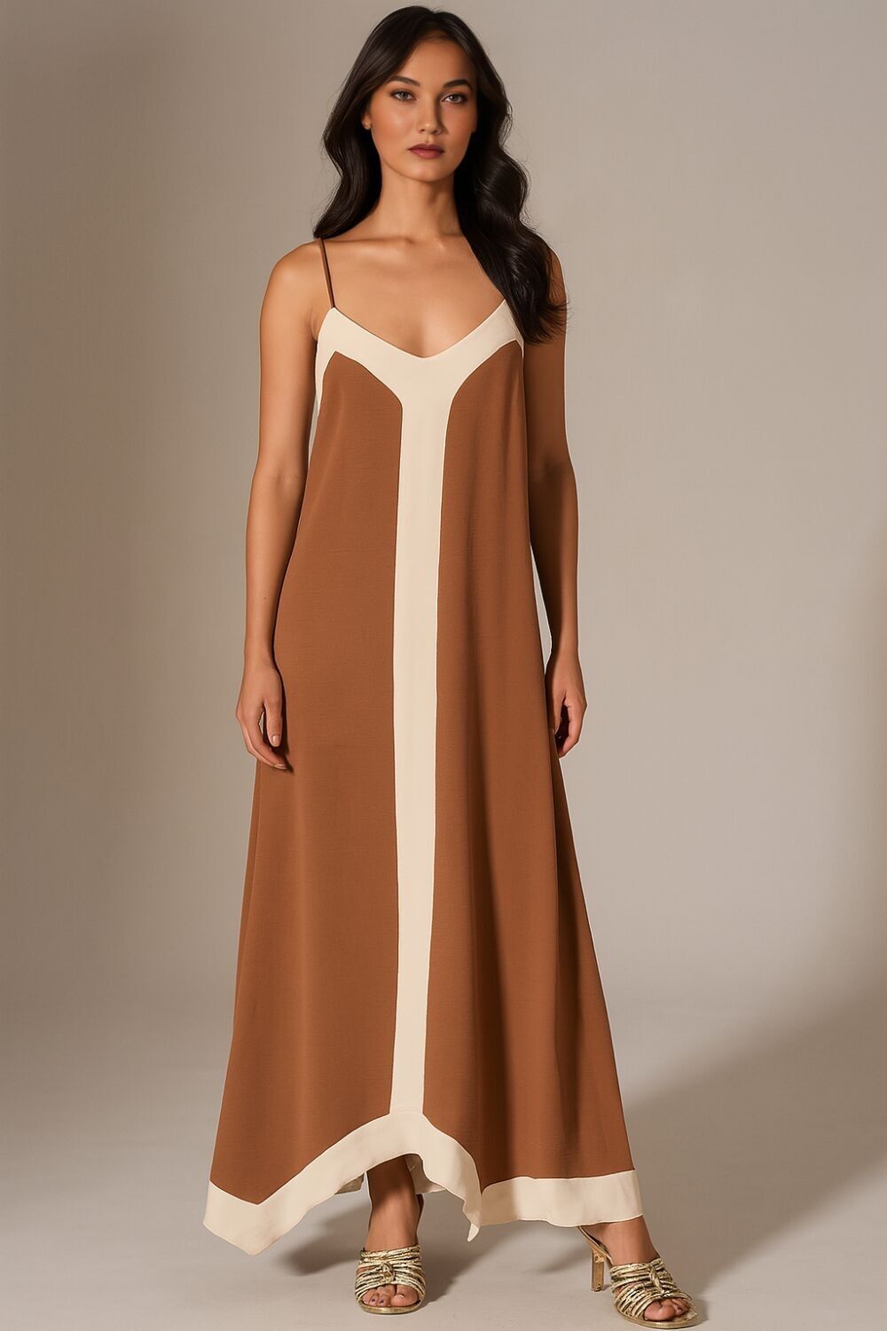 Abito midi con canotta dalla vestibilità rilassata in marrone e beige