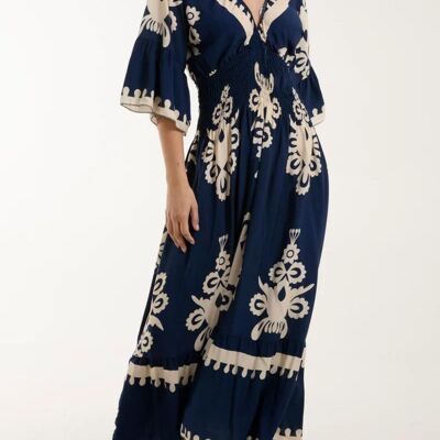 Vestido largo azul marino con cuello en V, mangas 3/4 y corte holgado