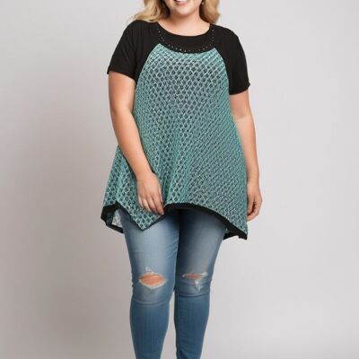 Conjunto de top de encaje turquesa y camiseta de talla grande (A218)