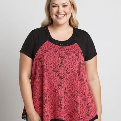 Conjunto de top de encaje rosa y camiseta de talla grande (A218)