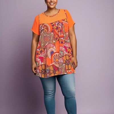 Set tunica stampata arancione + t-shirt abbinata taglia forte (A233)