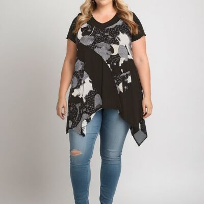 Set composto da tunica stampata nera e t-shirt abbinata, taglia comoda (A235)
