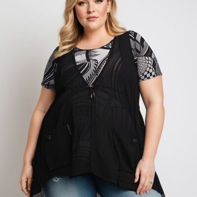 Completo composto da top stampato e cardigan in chiffon in taglie forti (A307/NERO)