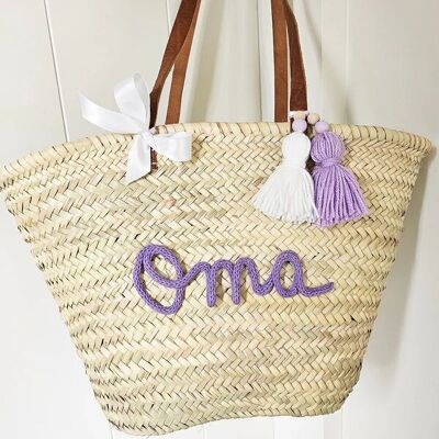Personalized Large Raffia Bag – Long Leather Straps – Custom Name, Bow & Pompoms – Handmade in Morocco