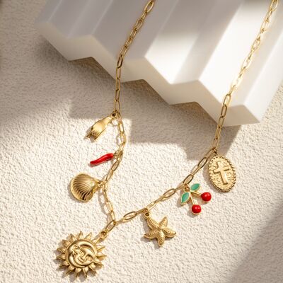 Collana in acciaio inossidabile placcato oro con ciondoli a forma di sole a forma di peperoncino
