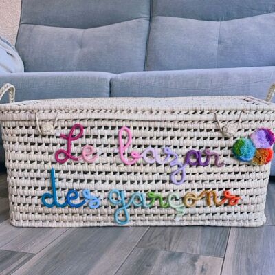 Baúl de juguetes XXL – Baúl multicolor personalizado en hoja de palma – Hecho a mano en Marruecos