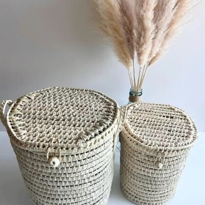 Panier à linge rond en osier tissé à la main en feuilles de palmier – Écologique et durable – Fabriqué à la main au Maroc