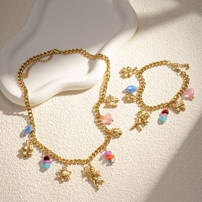 Gold stainless steel angel charm necklace bracelet set