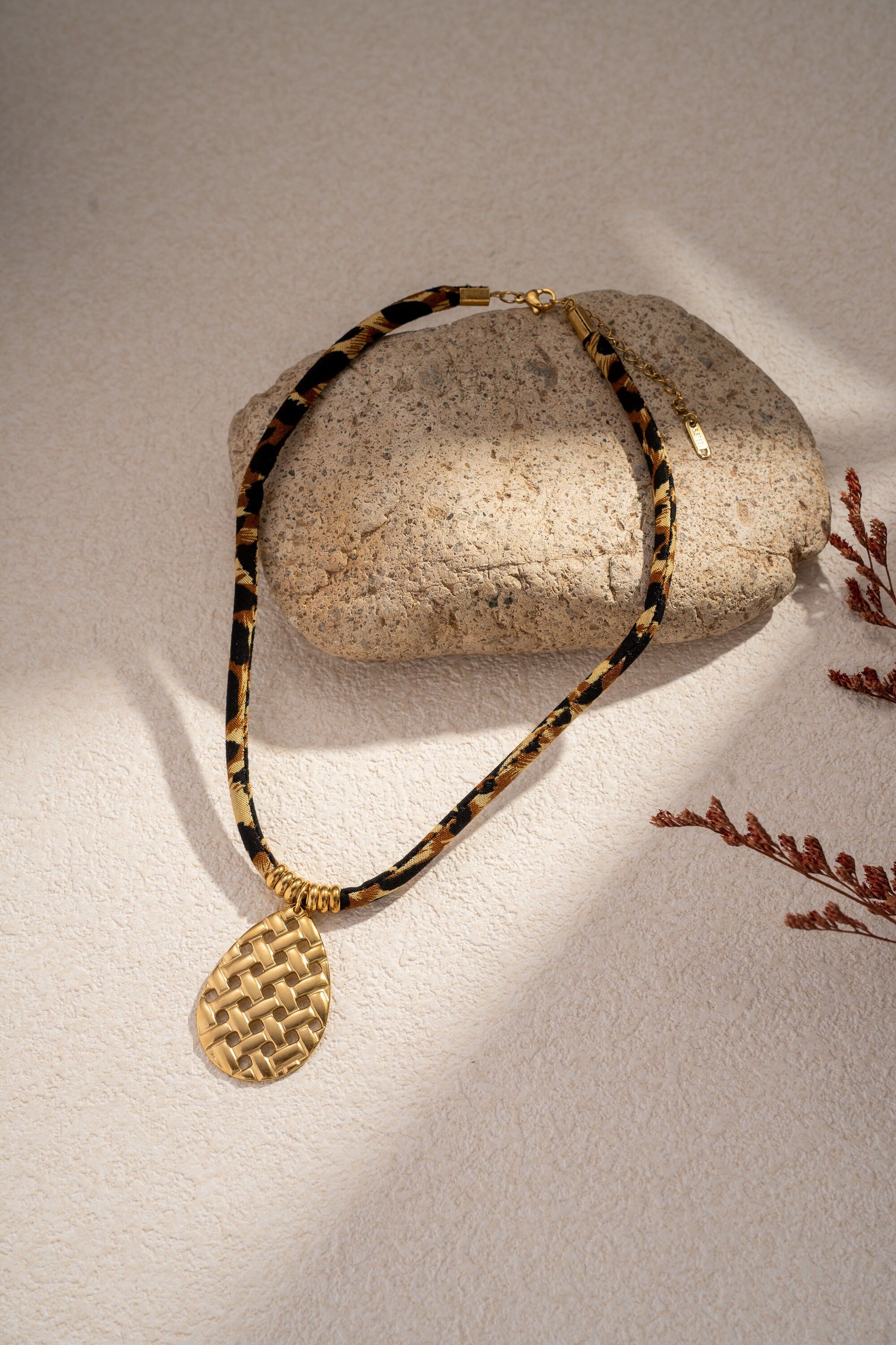 Leopard & Gold Braided Drop Necklace – Stainless Steel