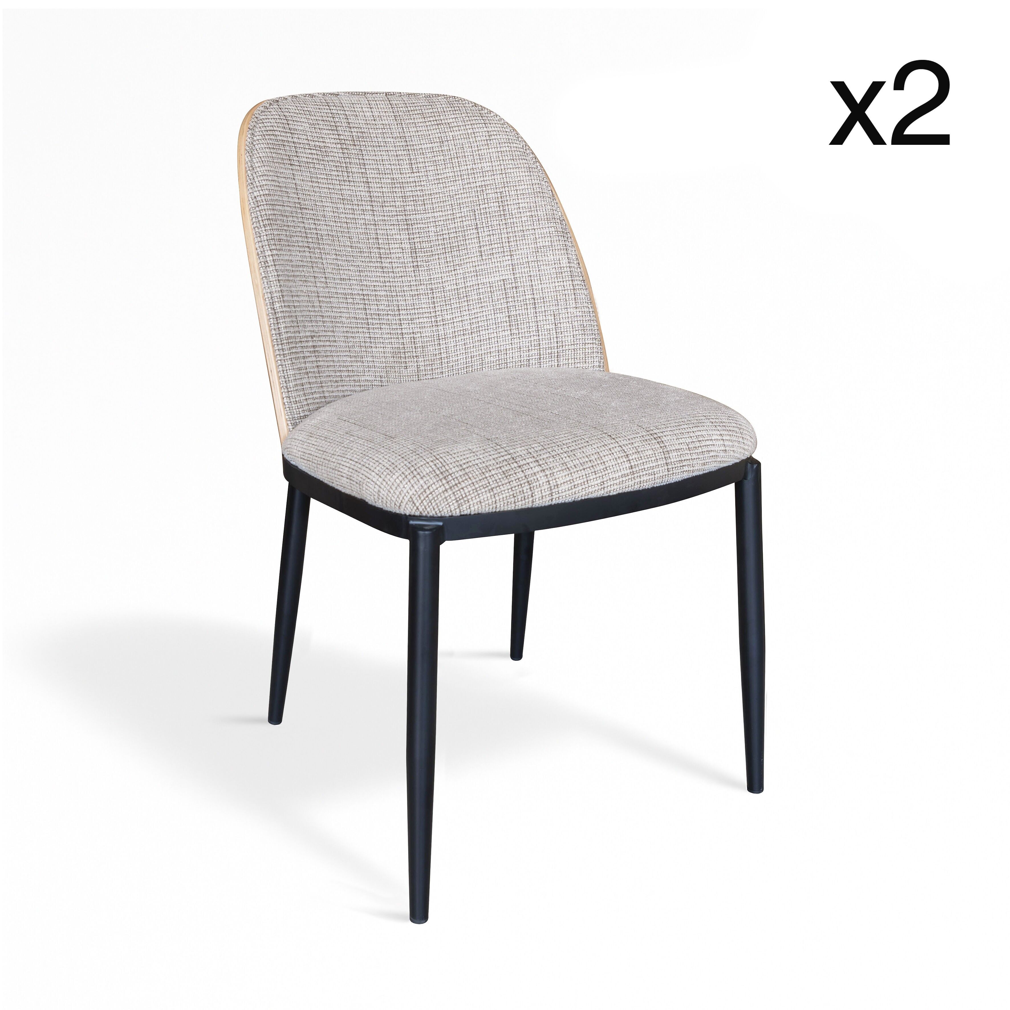 Lot de 2 chaises en tissu tweed latte avec pieds métal noir 50x58x83cm MAIA
