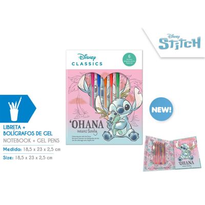 6 Gel Pens with STITCH Notebook 18 x 23 Cm