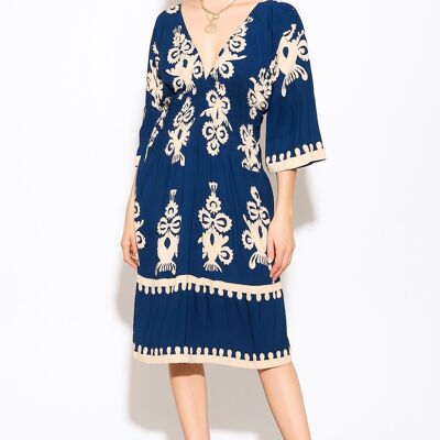 Oversized 3/4 Sleeves V Neck Printed Knee Lenght Dress in Navy