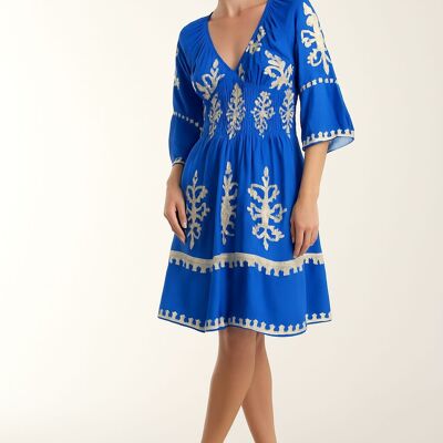 Robe décontractée à manches 3/4, col en V, imprimée, longueur aux genoux, en bleu
