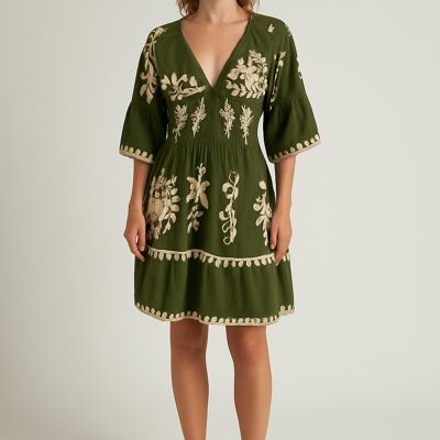 Relaxed Fit 3/4 Sleeves V Neck Printed Knee Lenght Dress in Khaki