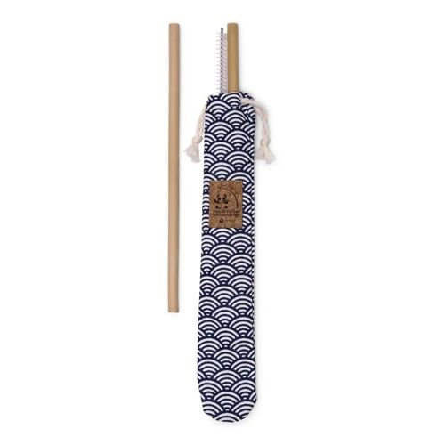 Pochette cousue en France avec 2 pailles en bambou et une brosse de nettoyage made in France - Tissu écailles bleues