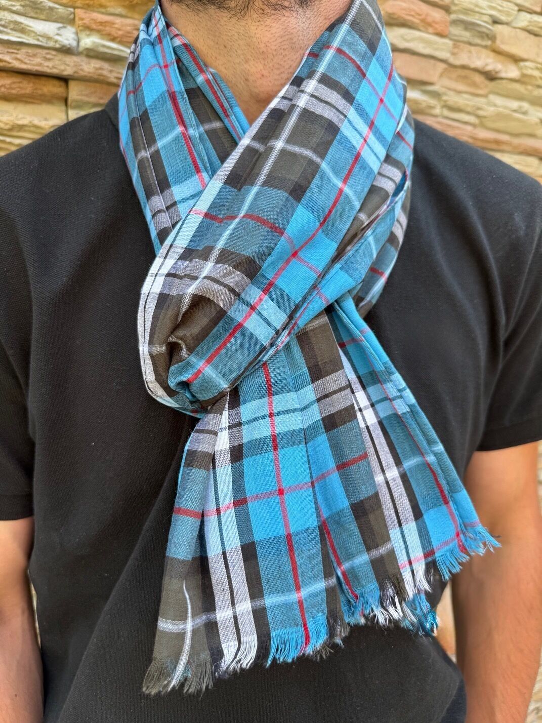 Sciarpa da uomo in cotone intrecciato - Quadretti fatti a mano - 50x180 cm - Made in India