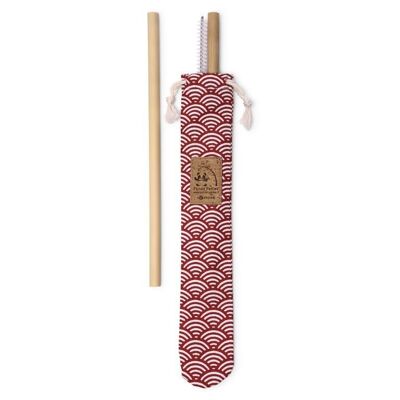 Pochette cousue en France avec 2 pailles en bambou et une brosse de nettoyage made in France - Tissu écailles rouges