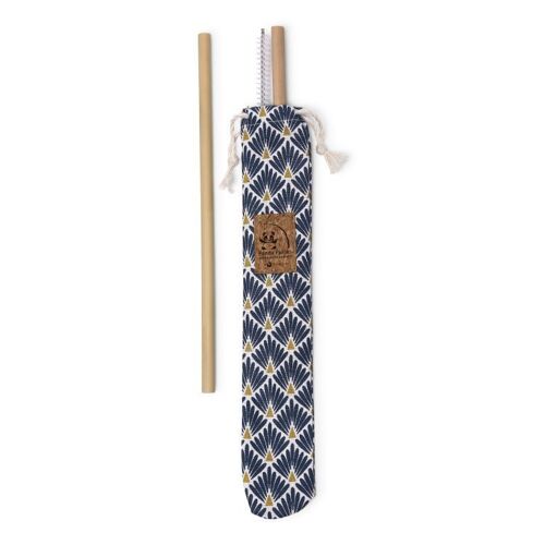 Pochette cousue en France avec 2 pailles en bambou et une brosse de nettoyage made in France - Tissu paon bleu et doré