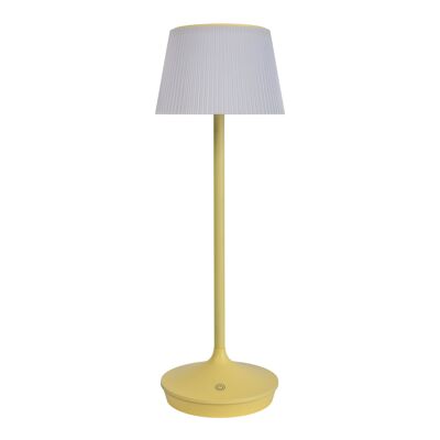 Lampada da tavolo solare a batteria "EMMI", altezza 38 cm, paralume Ø 13 cm, metallo giallo e plastica bianca, per uso esterno, dimmerabile CCT.