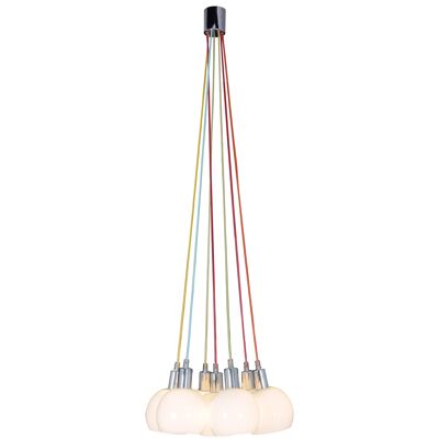 Pendant light "RAINBOW-BOWL" total height 120 cm, 7 glass shades Ø 16 cm, made of chrome-colored metal, opal white glass and colored cables, E14 sockets