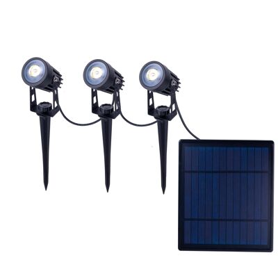 Faretto solare a LED da 3 pezzi con picchetto da terra "Spoti" Picchetto da terra per esterni in metallo e plastica ABS nera, con LED installati in modo fisso con tre livelli di potenza